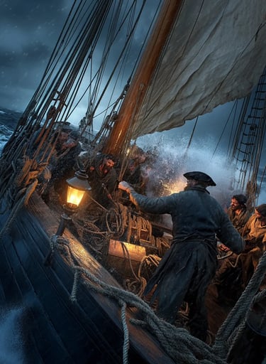 the Fredensborg strikes; timbers thunder, bowsprit snaps. Crewmen—faces taut, beards iced—swing a ya