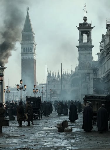 San Marco Square: terrified civilians in coarse woolen cloaks and camice masks flee past crumbling m