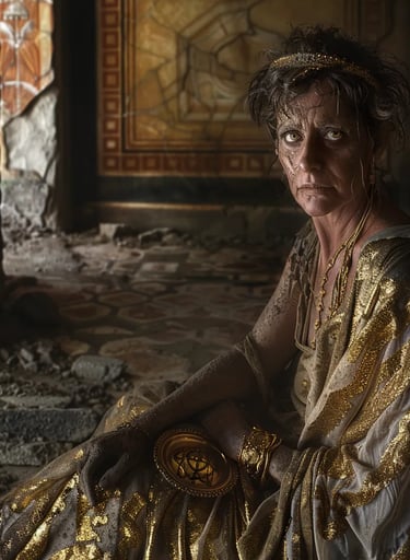  a wealthy Roman woman, her golden jewelry and embroidered stola reflecting the dim glow of the appr