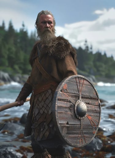 Leif Erikson standing on the rocky shore, holding a hand-carved axe and a wooden shield