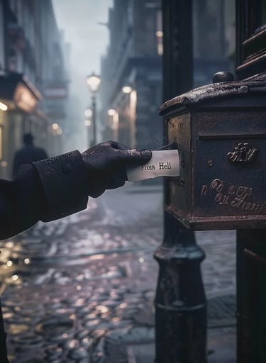 black-gloved hand slipping the "From Hell" letter into a rusted iron post box at dawn