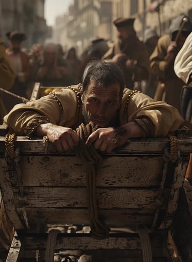 Austin being transported in a wooden cart