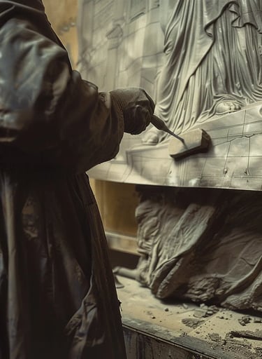 sculptor carefully shaping the delicate folds of Liberty’s robe with a chisel