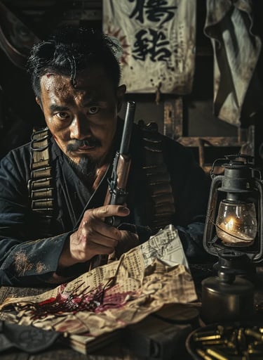 a revolutionary leader gripping a bolt-action rifle in one hand and a blood-streaked battle plan in 