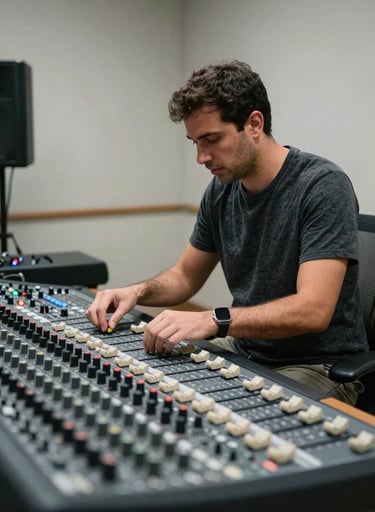 Photography of a sound engineer adjusting faders on a large mixing desk, focused expression, cinematic lighting, Southern European / Spanish context, Light Gray acoustic walls.
