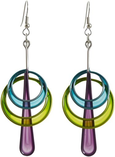 Modernist Kinetic-Inspired Stainless Steel Art Earrings Double Orbit Drops Purple, Blue Green