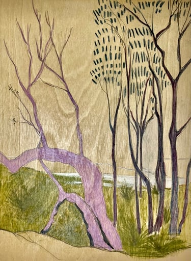 a painting of a burnt and bent tree beside a cluster of other trees