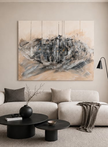 Minimalist living room featuring a curved beige sofa, large abstract wall art, and black nesting coffee tables.