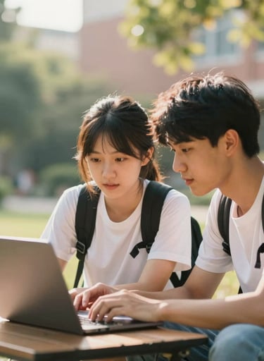 Visual outcome of an educational app: Two students looking at a screen together in a bright, warm campus garden. The interaction is authentic and the lighting is sun-drenched and cinematic.