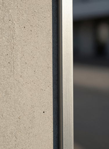 A macro photography shot showing the intersection of light gray concrete and polished silver metal. The textures are rendered in high detail, with natural side lighting typical of a Northern European afternoon. Refined and artistic aesthetic.