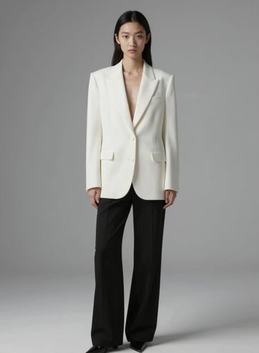 Full-body fashion portrait of a model in a structured white blazer and black trousers. Minimalist setting with clean lines, using #F8F8F8 and #0F0F0F palette. Editorial style, soft shadows.