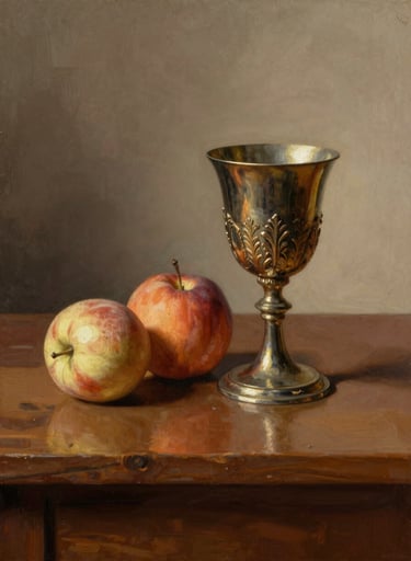 Artistic still life of fruit and an ornate chalice on a wooden table, styled as a Renaissance oil painting. Intense side light creating hard shadows and brilliant highlights. Color palette includes rich terracotta #A3533F and warm sand #F8F4ED. High detail, moody and elegant.