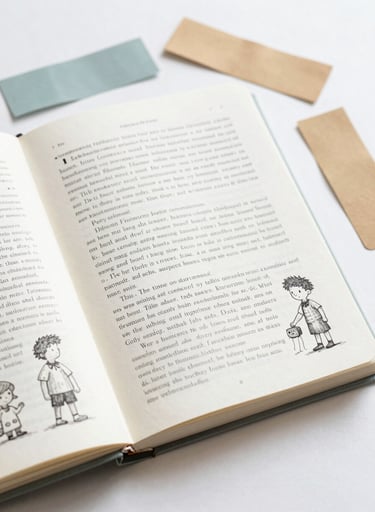 A bright, creative flat lay of an open reading log with hand-drawn illustrations of classic children's book characters. The pages are filled with neat, scholarly annotations in dark gray ink. The scene is accented with colorful bookmarks in #7A9E9F and #D4B281.