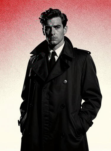 Portrait of a man in a trench coat, 1960s style, silhouettes in black #1A1A1A against a red #D4202B and white #FDFDF5 halftone background, minimalist movie poster aesthetic.