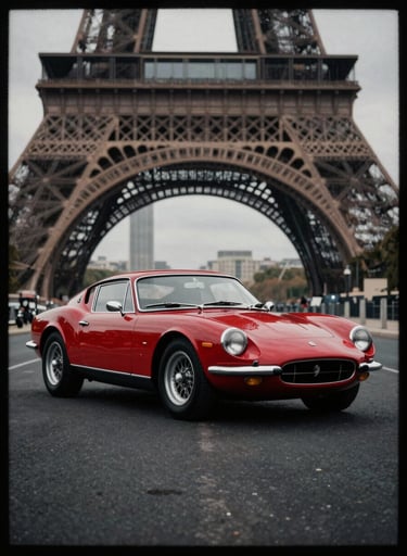 Cinematic wide shot of a vintage 1960s sports car in Paris, rendered in flat blocks of #D4202B red and #1A1A1A black. Heavy film grain texture and a thick black border like a comic panel.