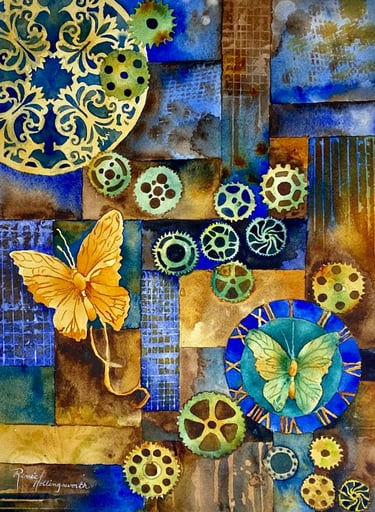 Golden butterflies amid gears, a clock face and circular shapes against a patchwork of gold and blue