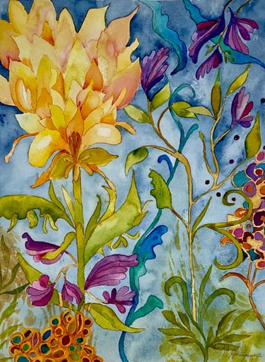 A single golden flower blossoms in a blue garden with flowers and leaves in lime, violet and gold