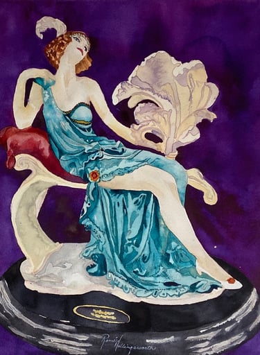 Classical art nouveau statue in soft neutrals with a draped gown of emerald against deep purple