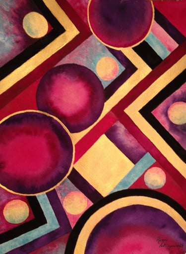 Abstract linear and circular shapes in black, deep red, golds and teal.