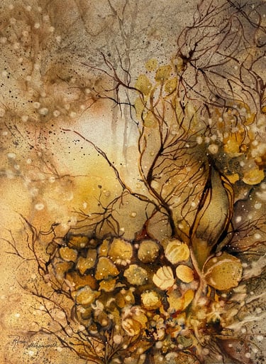 Mysterious tangled branches, brambles and golden atmospheric forest sunlight