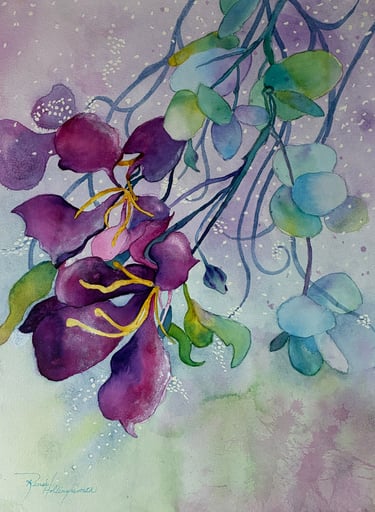 Orchid Tree blooms fuscia, deep purple with golden stamens and blue green leaves dusted with pollen