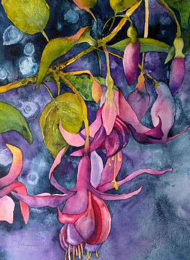 Cascading elegantly the flower blooms in magenta, violet and rose on a deep emerald and indigo stage