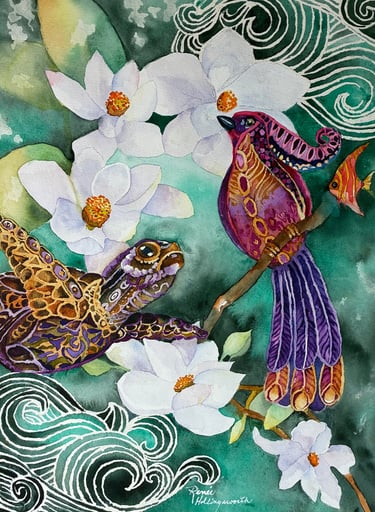 A wildly colorful composition of unrelated images, a bird, a turtle flowers and waves