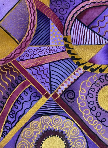 Abstract angular and circular shapes in purple, golds and magenta.