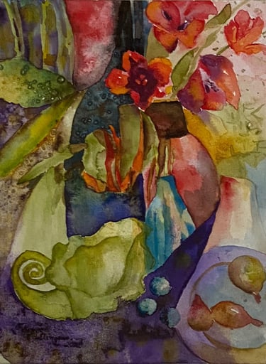 Vases and flowers in a kaleidoscope of rich purple, reds, yellows and greens and a fruit plate