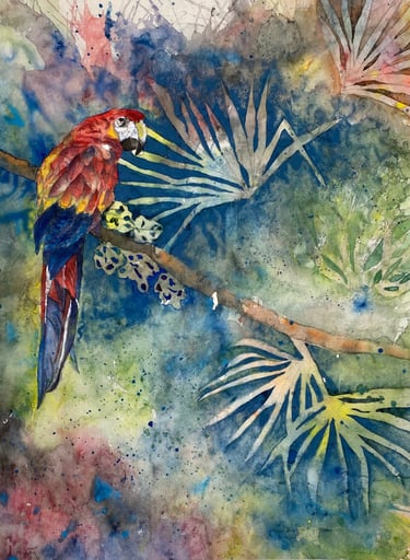 A parrot amid lush tropical foliage in meditative shades of teal, emerald and lime