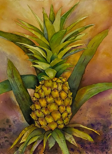 Ripe Pineapple in golds and ochres with lush tropical green leaves on a speckled backdrop