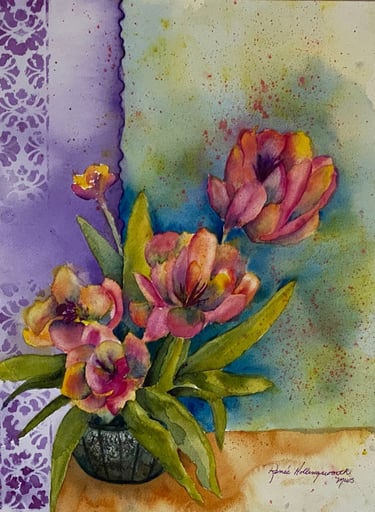 Against a multicolor textured backgroun abstract flowers bloom in reds, oranges, golds and blues