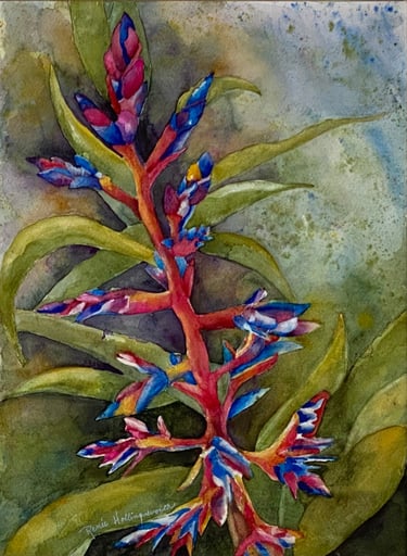 Bromeliad flower spike in reds, corals, yellows, blue and magenta in a mist of blues and greens