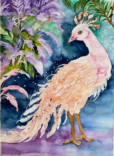 In peachy shades of white her majesty poses in a mythical garden of lilac, starry deep blue and aqua