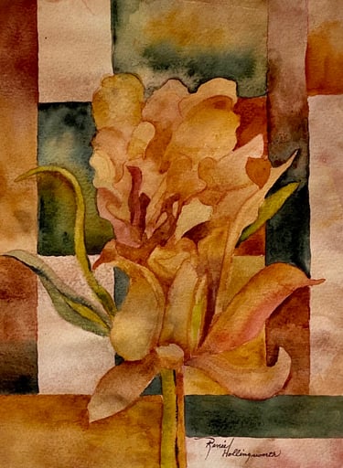 Stylized flower in warm earth tones quilted into deep greens, ochre, sienna and gold geometrics