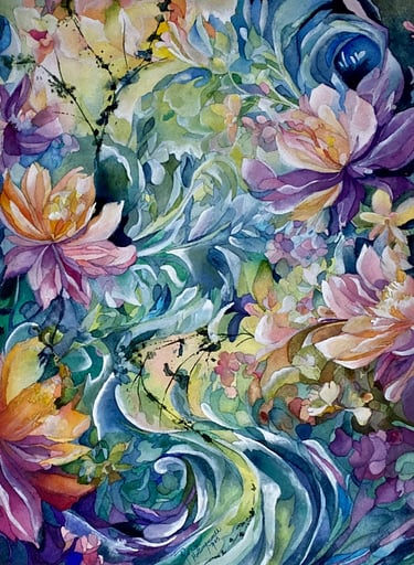 Mesmerizing swirling blossoms of pink, lavender, orange and blue amid fluid green leaves