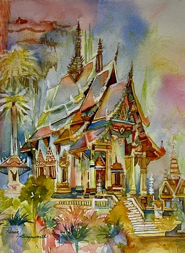 Inspired by Thai architecture with colorful multitiered gold accented roofs with lush tropical palms