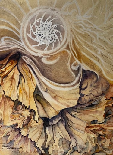 Golden dream catcher adorned with elaborate spiritual feathers