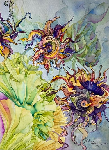 Prismatic fantasy flowers in dazzling bright colors next to a swirling bush of vivid color