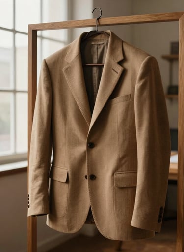 A sophisticated editorial photograph of a classic structured jacket draped on a minimalist wooden frame inside a bright atelier. High-fashion magazine style, dramatic soft window light, warm brown and sand color palette, celebrating Brazilian artisanal heritage.