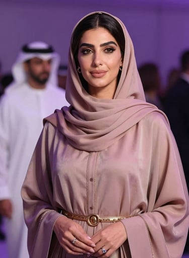 High-fashion photography of a Middle Eastern woman at a luxury event, soft ambient purple and dusty rose lighting, elegant attire, sophisticated Gulf atmosphere, editorial style.