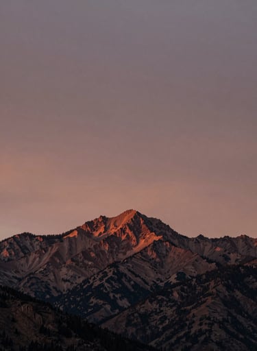 An artistic album cover photograph showing an abstract view of a North American / US mountain range at twilight. The sky is a blend of Muted Rosewood and Warm Taupe, reflecting a sense of creative passion and elegance.