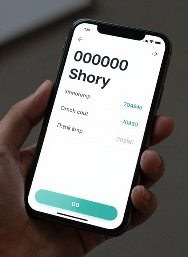A close-up view of a smartphone held in a hand, showing a sleek mobile app interface with minimalist typography and a clean transaction history list using #000000 and #70A8A9 accents.