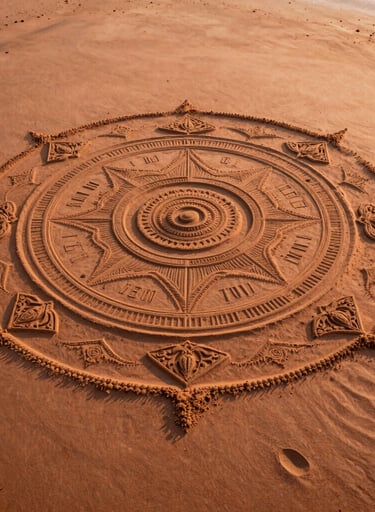 A top-down cinematic view of a massive sand mandala on a soft sand beach, the warm terracotta orange light of the setting sun casting long shadows.