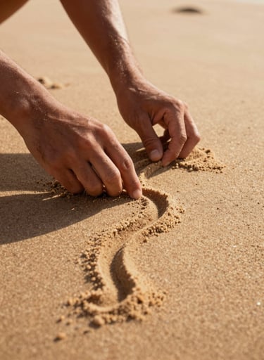 Candid close-up of hands gently carving a flowing line into fine, soft sand. The lighting is golden and cinematic, highlighting the texture of the sand grains. Earthy terracotta tones and warm tan highlights dominate the frame.