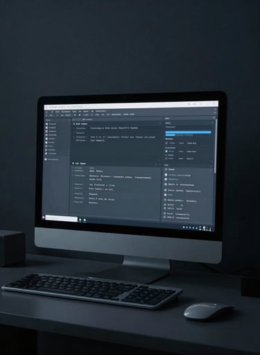 A cinematic medium shot of a computer terminal in a dark, minimalist room. Muted indigo light spills from the screen onto charcoal surfaces. North American office setting. Sophisticated, restrained aesthetic.