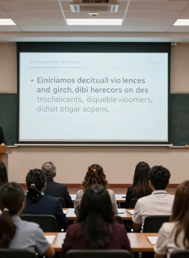 A wide angle shot of an authoritative educational seminar in a bright Mexican / Latin American university hall, showing a woman speaker presenting research findings about digital violence on a clean white display screen.