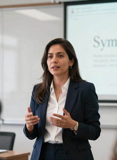 A candid medium-shot photograph of a professional female computer systems engineer, of Mexican / Latin American descent, speaking authoritatively and confidently at an academic symposium in Mexico City. Bright, natural lighting reflecting off pristine white walls, dressed in sharp business attire, with a blurred presentation screen in the background showing elegant, clean typography.