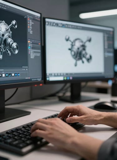 Close-up photography of a professional 3D artist's hand navigating a workspace in a modern North American / US studio, screens showing 3D models, cool metallic silver lighting, elegant and focused mood.