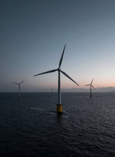 A high-resolution, wide-angle shot of an offshore wind farm at sea during twilight. The composition is artistic yet rigorous, featuring the deep tones of #1A2C38 against a soft horizon of #A9C5D0, representing the future of energy and sustainability.